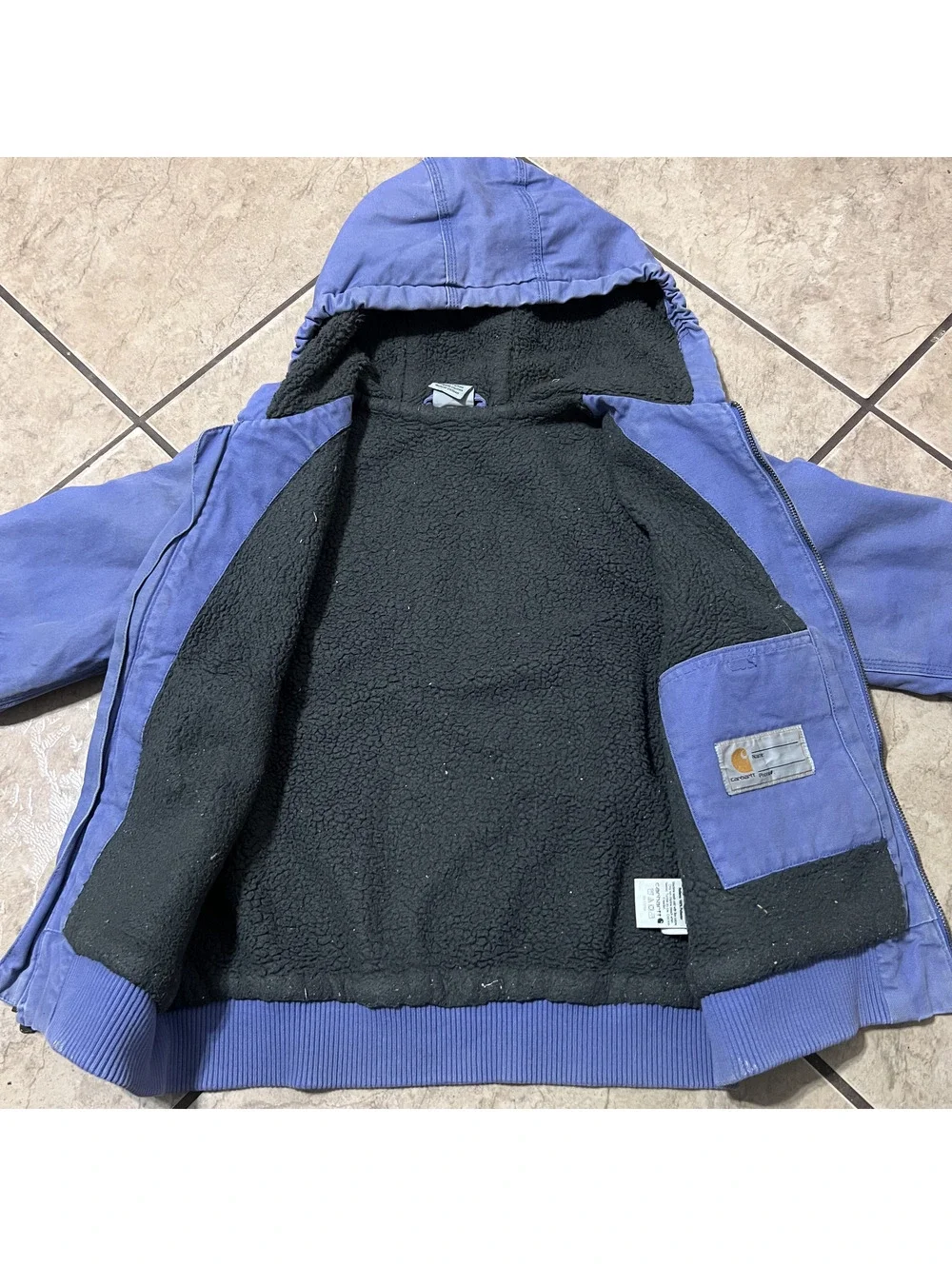Carhartt Kids Periwinkle Blue Dark Gray Sherpa LIned Hoodie Full Zip Canvas Med